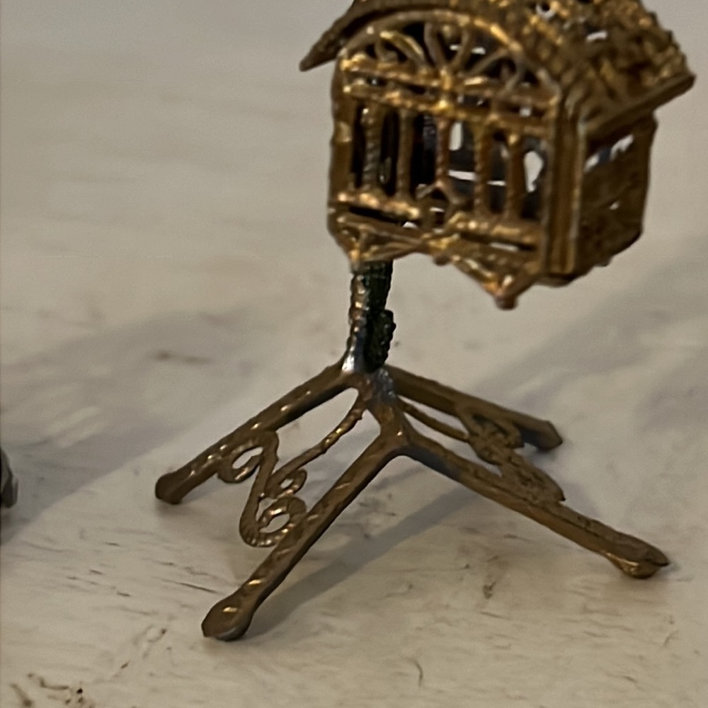 Antique silver & gold filigree dollhouse furniture birdcage stand chair - Picture 6 of 8